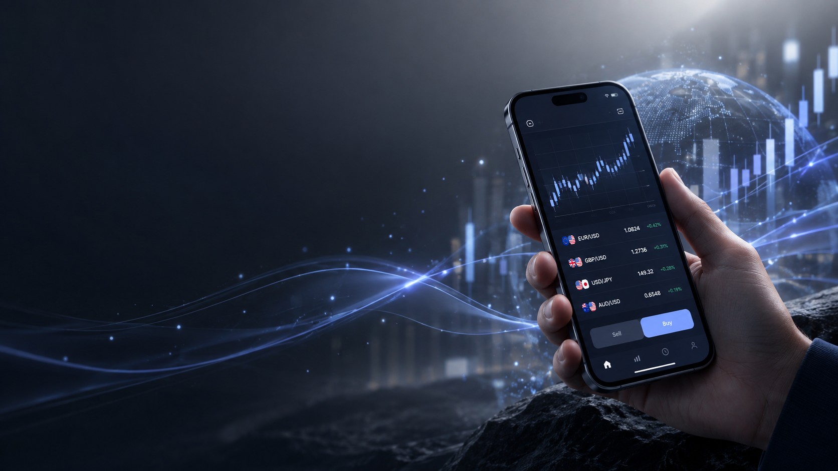 Smartphone showing a clean forex trading interface held in hand