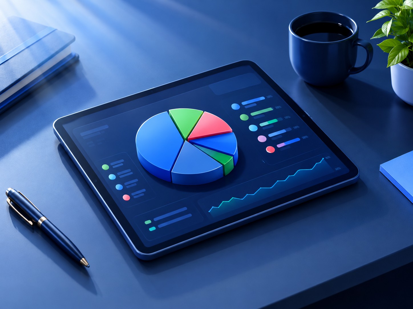 Tablet showing a diversified portfolio pie chart on a clean desk