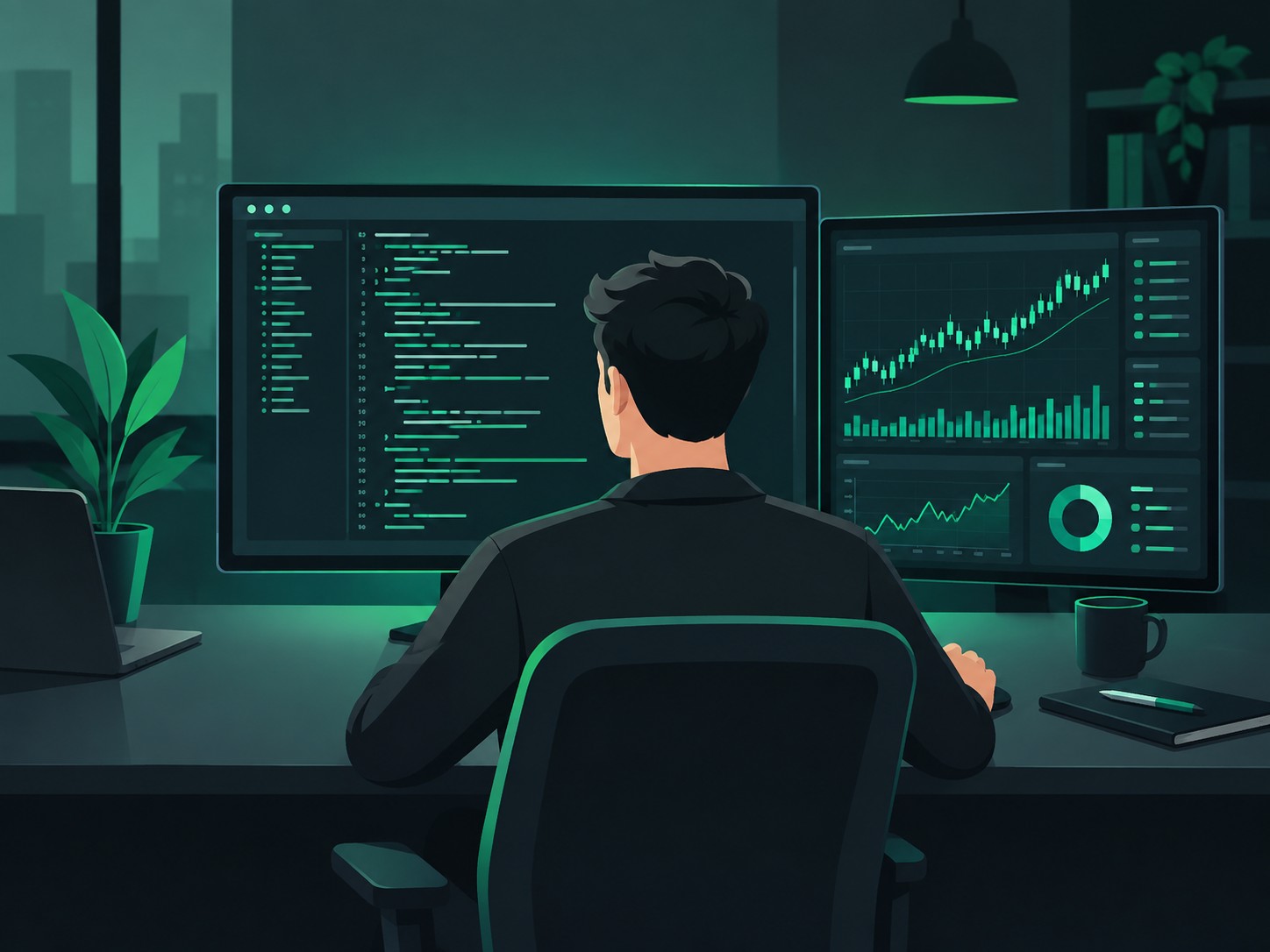 Code on a screen next to live charts in a developer workspace