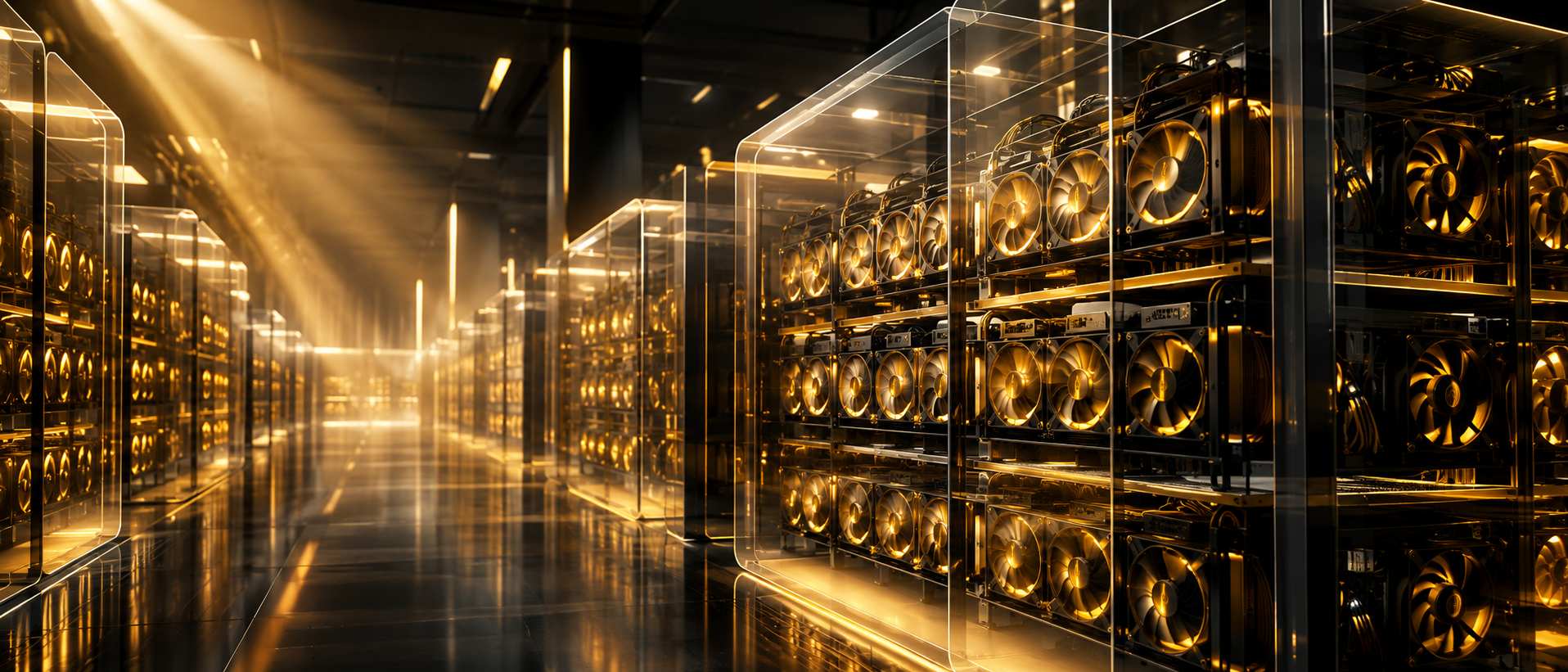 Rows of mining rigs with glowing fans in a dark data center
